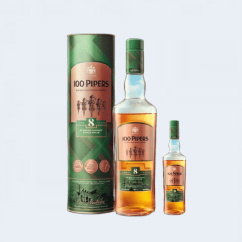 <h4>100 Pipers 8YO Blended Scotch Whiskey</h4> 
                                              <div class='border-bottom my-3'></div> 
                                            <table class='mb-3' id='alt-table' cellpadding='3' cellspacing='1' border='1' align='center' width='80%'>
                                                <thead id='head-dark'><tr><th>Quantity</th><th>Price/Unit</th></tr></thead>
                                                <tr><td>180ml</td><td class='price'>₹550</td></tr>
                                                <tr><td>750ml</td><td class='price'>₹2200</td></tr>
                                            </table>
                                            <b class='text-start'>Description :</b>
                                            <p class='text-justify mt-2'>100 Pipers is a light, vanilla-scented blend with notes of dried fruit, soft smoke and spice. Today the blend is centred around the light Speyside malt whisky from Allt-a-Bhainne distillery.</p>